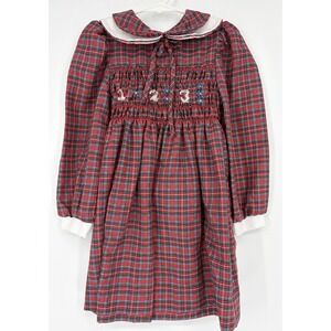 Vintage Polly Flinders Dress Size 5 Red Plaid Smocked Ruffled Peter Pan Collar